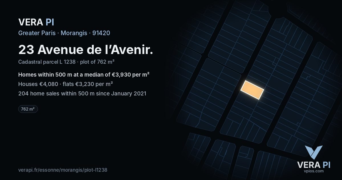 23 Avenue de l’Avenir, Morangis at night – the plot lit, the parcels around coloured by the prices near them
