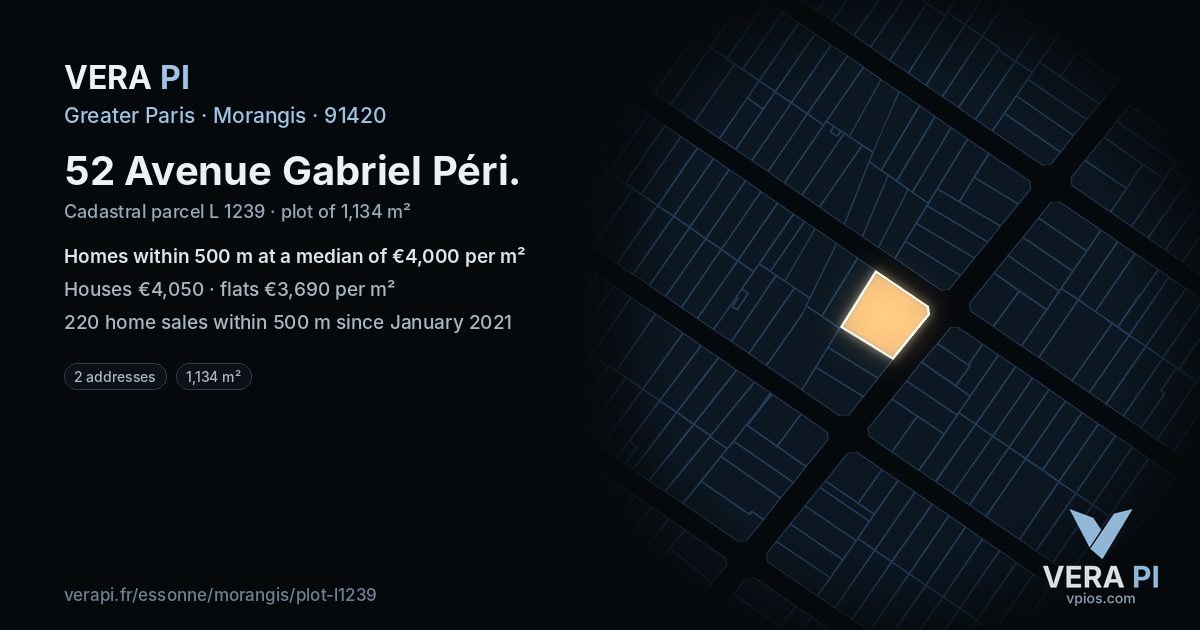 52 Avenue Gabriel Péri, Morangis at night – the plot lit, the parcels around coloured by the prices near them