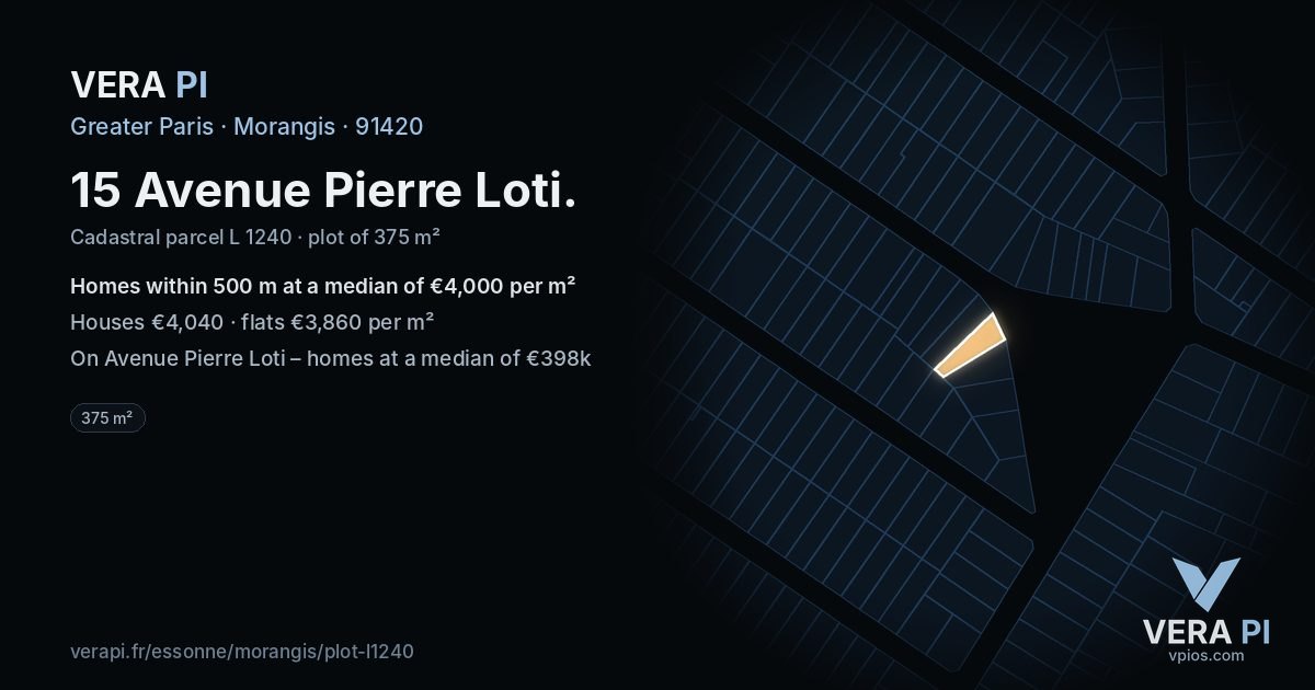 15 Avenue Pierre Loti, Morangis at night – the plot lit, the parcels around coloured by the prices near them