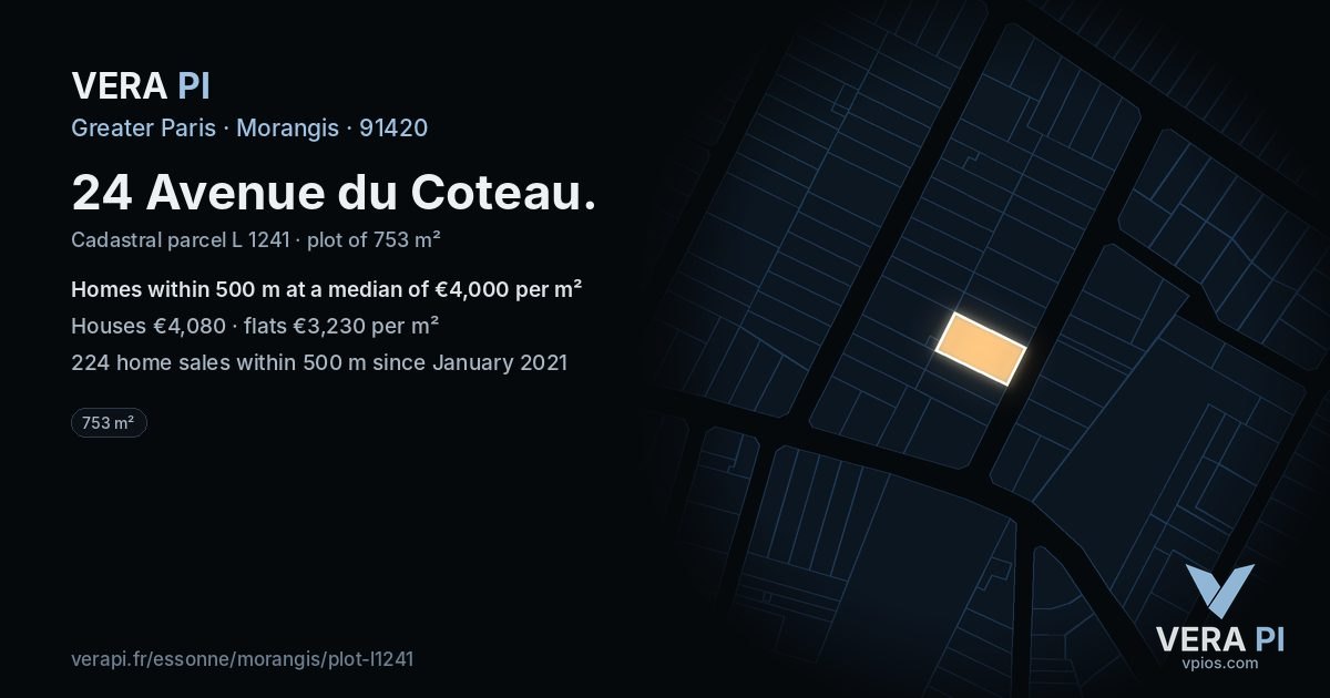 24 Avenue du Coteau, Morangis at night – the plot lit, the parcels around coloured by the prices near them