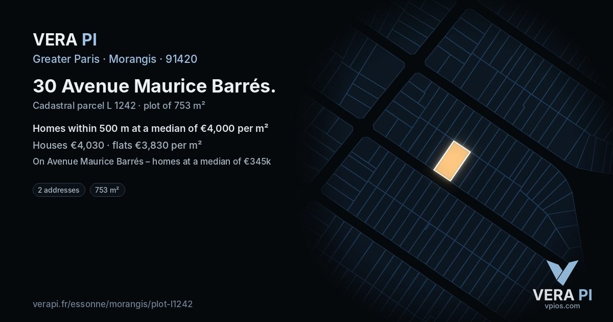 30 Avenue Maurice Barrés, Morangis at night – the plot lit, the parcels around coloured by the prices near them