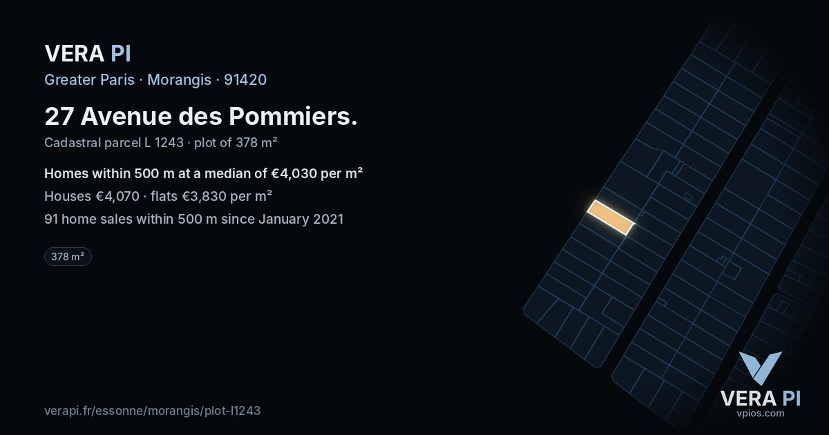 27 Avenue des Pommiers, Morangis at night – the plot lit, the parcels around coloured by the prices near them