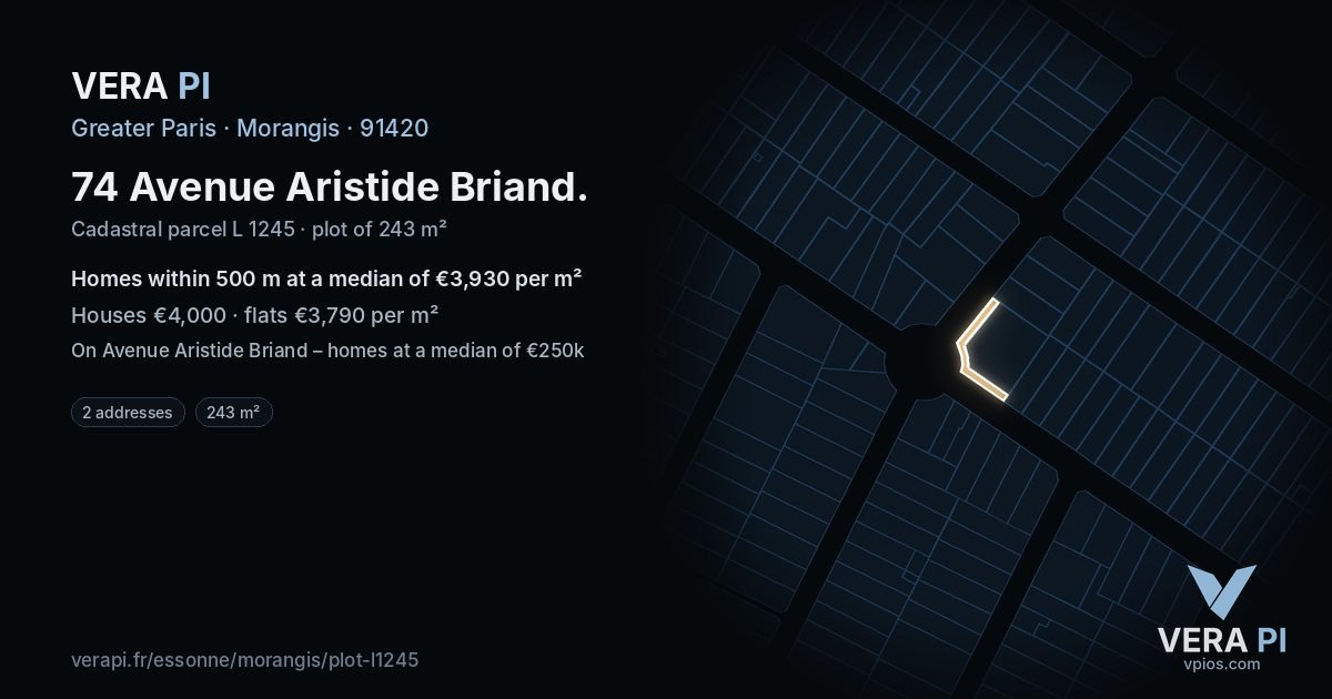 74 Avenue Aristide Briand, Morangis at night – the plot lit, the parcels around coloured by the prices near them