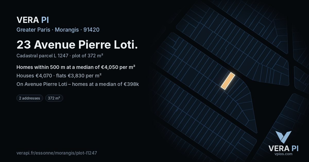 23 Avenue Pierre Loti, Morangis at night – the plot lit, the parcels around coloured by the prices near them