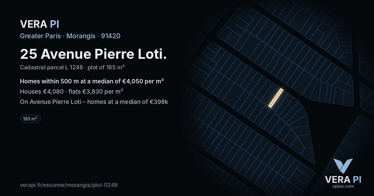 25 Avenue Pierre Loti, Morangis at night – the plot lit, the parcels around coloured by the prices near them