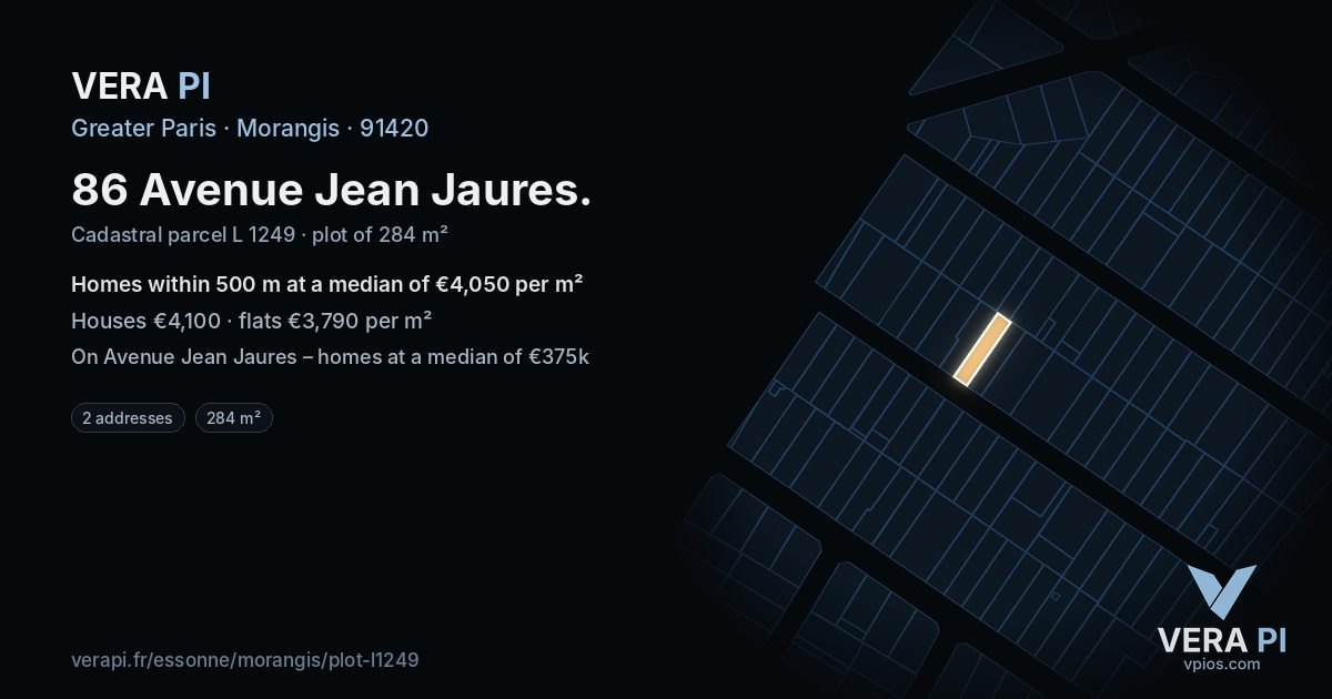 86 Avenue Jean Jaures, Morangis at night – the plot lit, the parcels around coloured by the prices near them