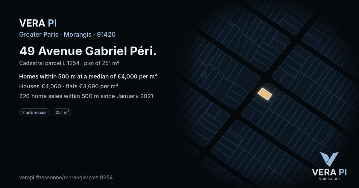 49 Avenue Gabriel Péri, Morangis at night – the plot lit, the parcels around coloured by the prices near them