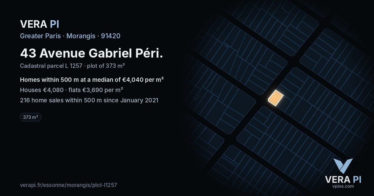 43 Avenue Gabriel Péri, Morangis at night – the plot lit, the parcels around coloured by the prices near them