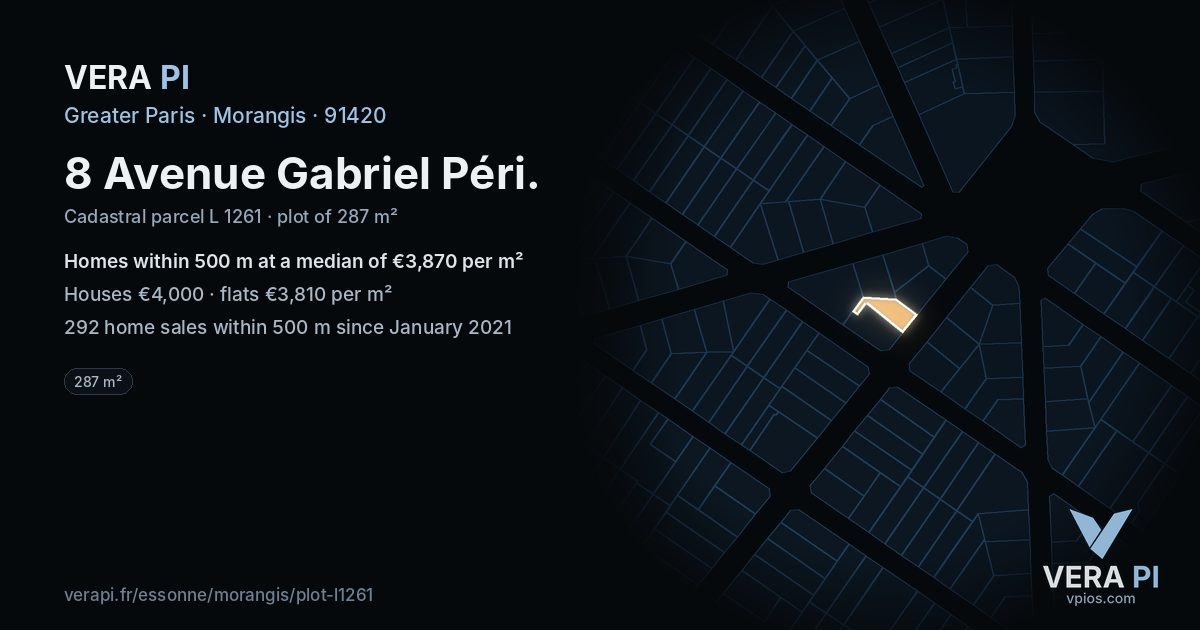 8 Avenue Gabriel Péri, Morangis at night – the plot lit, the parcels around coloured by the prices near them