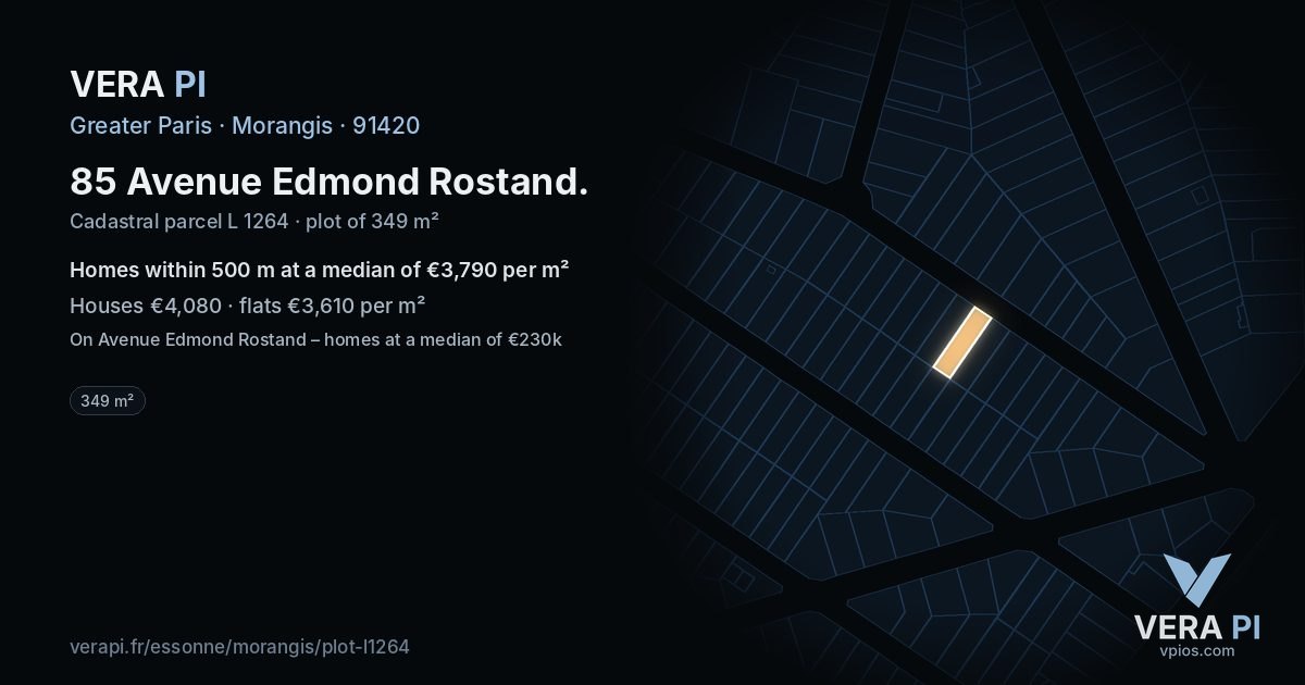 85 Avenue Edmond Rostand, Morangis at night – the plot lit, the parcels around coloured by the prices near them