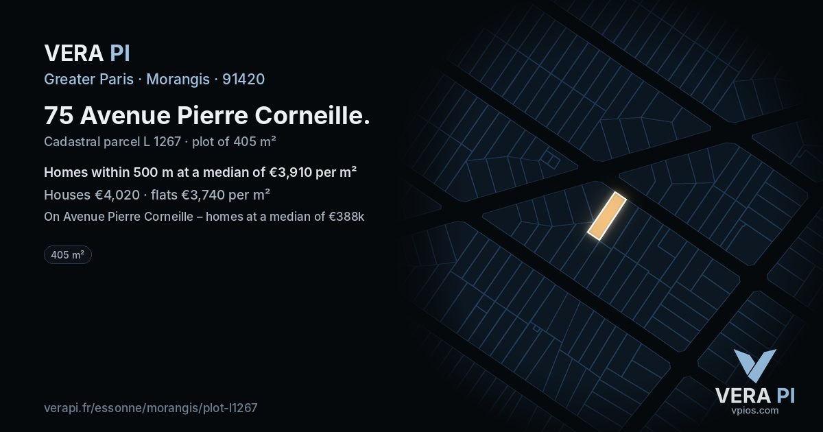 75 Avenue Pierre Corneille, Morangis at night – the plot lit, the parcels around coloured by the prices near them