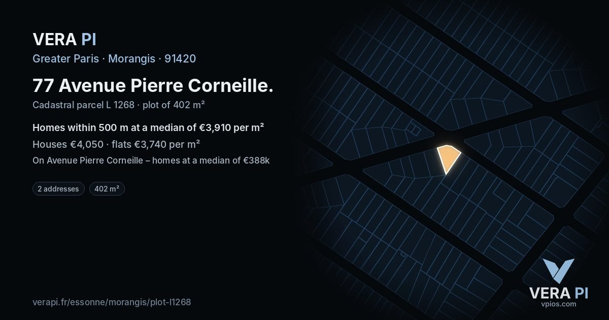77 Avenue Pierre Corneille, Morangis at night – the plot lit, the parcels around coloured by the prices near them