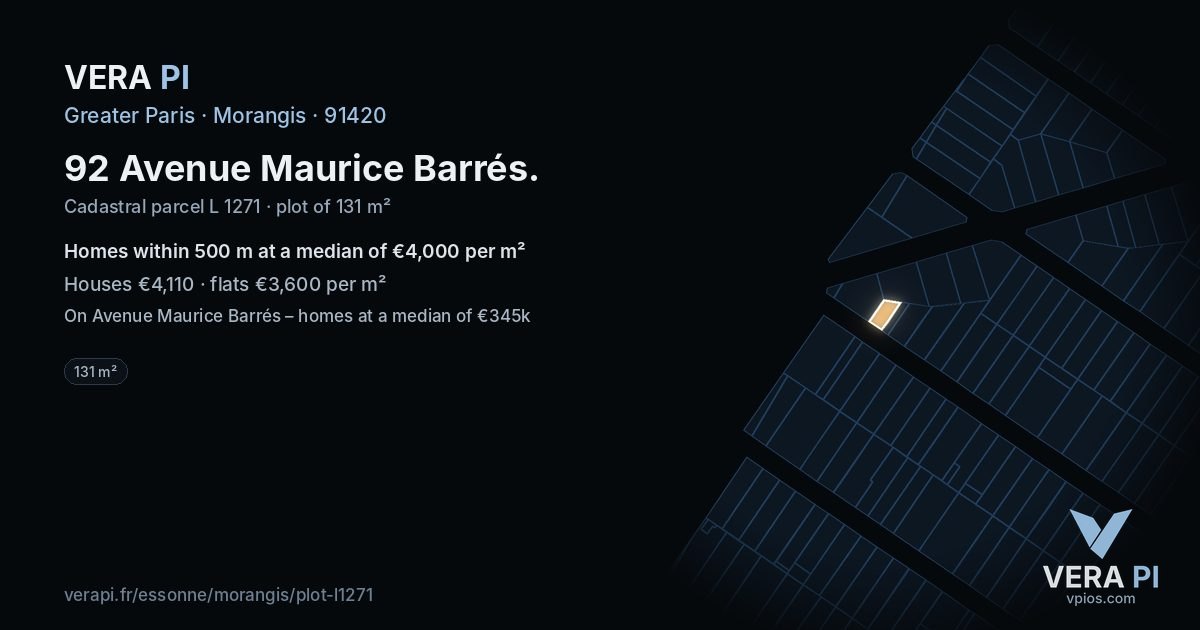 92 Avenue Maurice Barrés, Morangis at night – the plot lit, the parcels around coloured by the prices near them