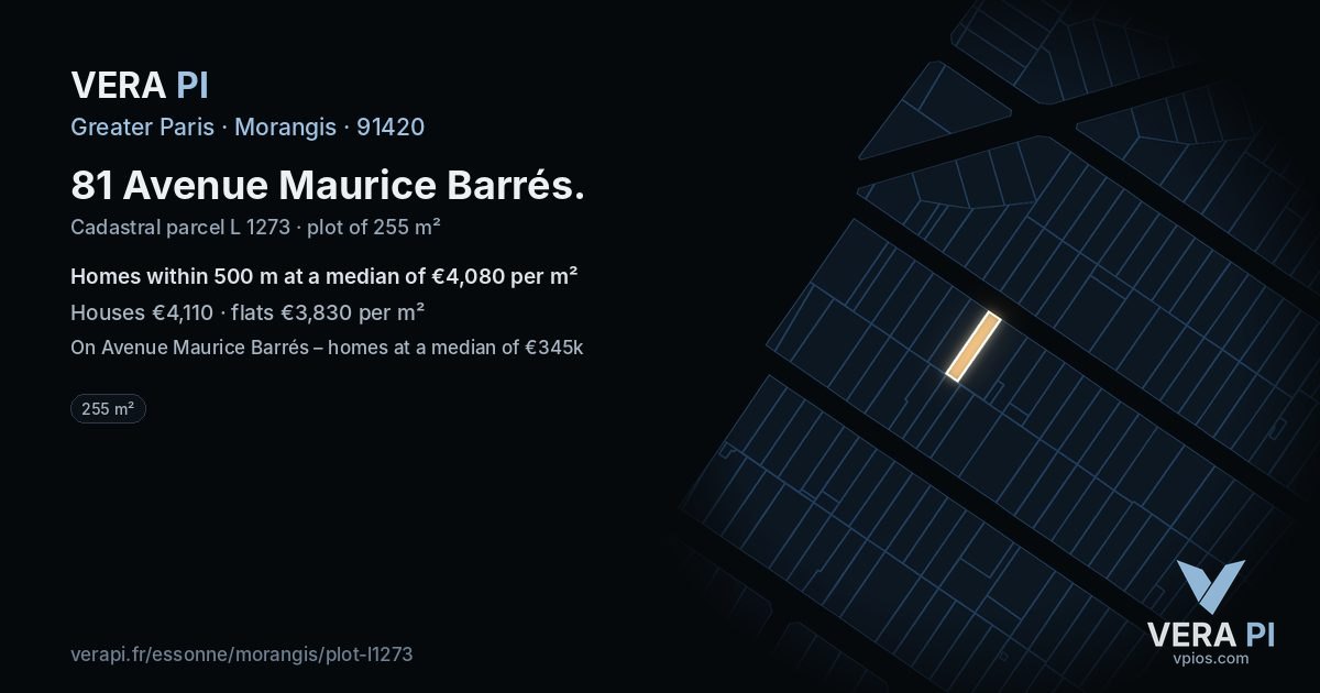 81 Avenue Maurice Barrés, Morangis at night – the plot lit, the parcels around coloured by the prices near them