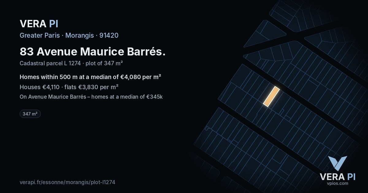 83 Avenue Maurice Barrés, Morangis at night – the plot lit, the parcels around coloured by the prices near them
