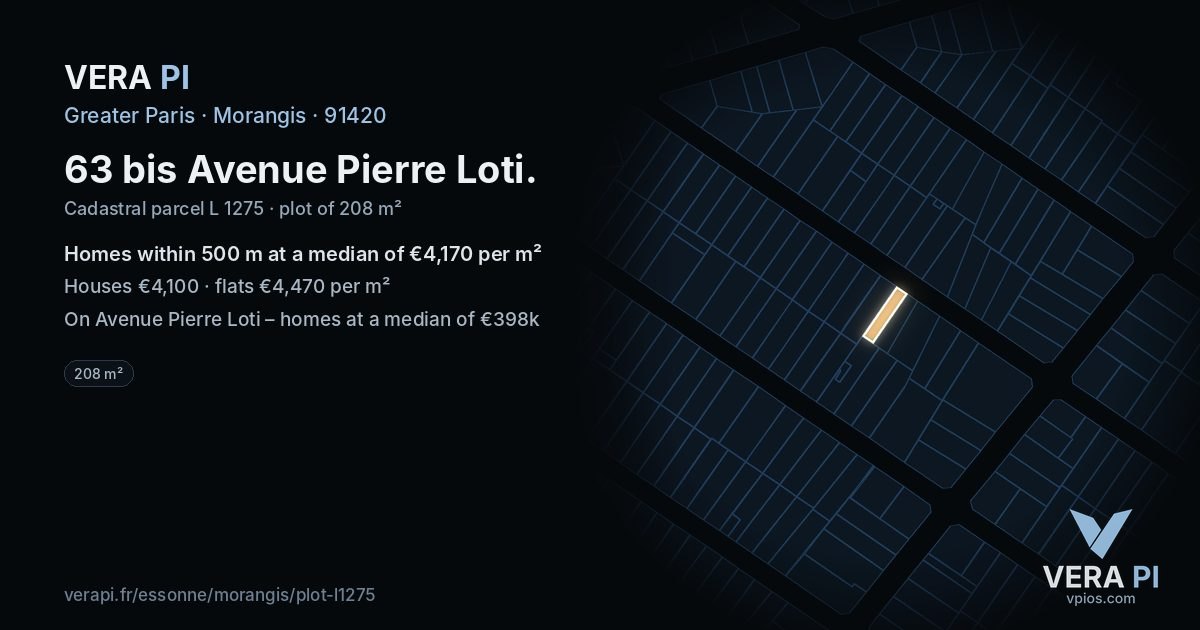 63 bis Avenue Pierre Loti, Morangis at night – the plot lit, the parcels around coloured by the prices near them