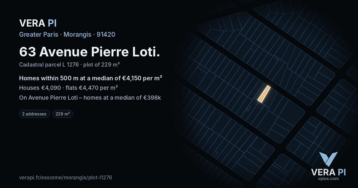 63 Avenue Pierre Loti, Morangis at night – the plot lit, the parcels around coloured by the prices near them