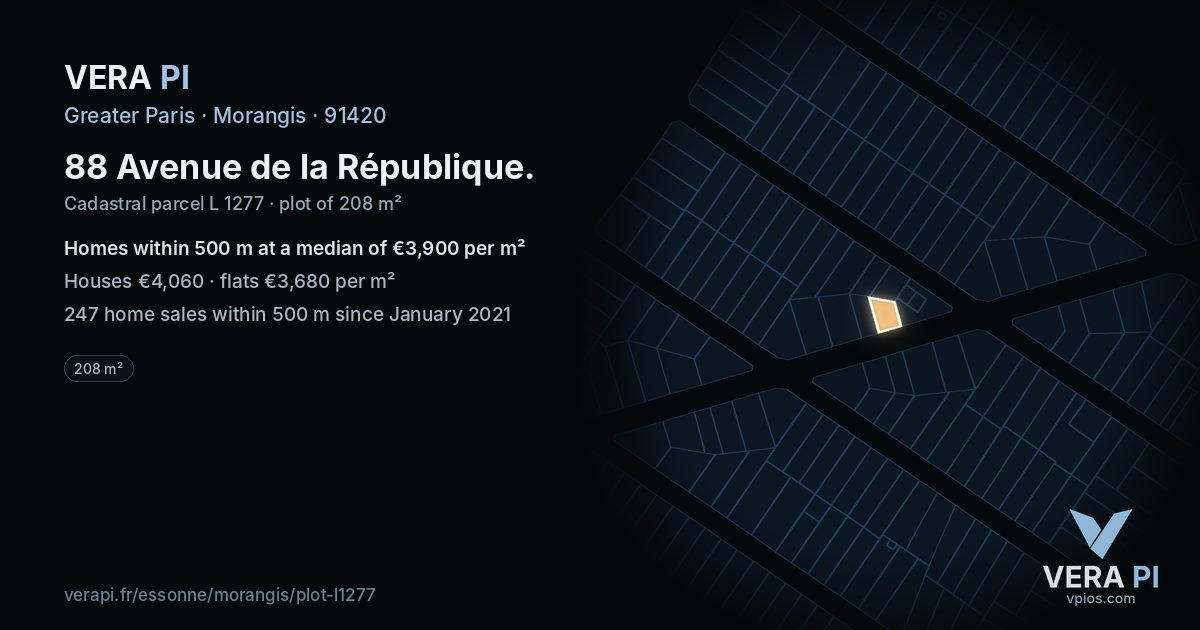 88 Avenue de la République, Morangis at night – the plot lit, the parcels around coloured by the prices near them
