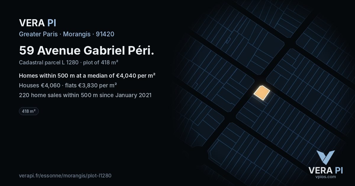 59 Avenue Gabriel Péri, Morangis at night – the plot lit, the parcels around coloured by the prices near them