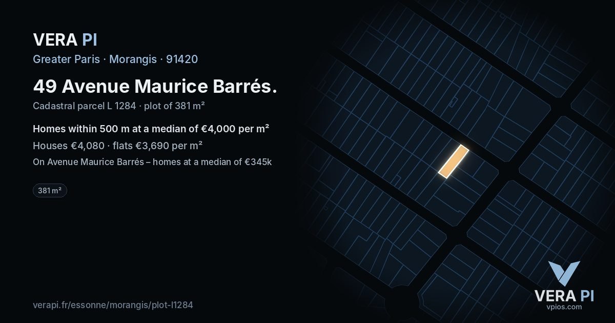 49 Avenue Maurice Barrés, Morangis at night – the plot lit, the parcels around coloured by the prices near them