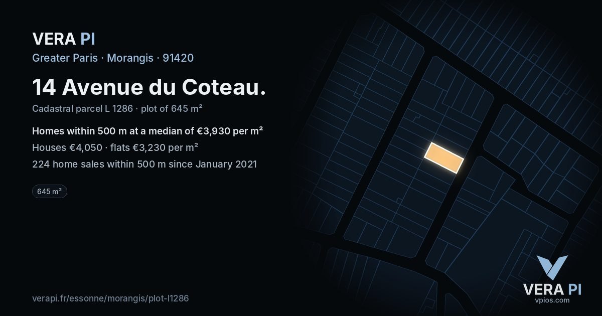 14 Avenue du Coteau, Morangis at night – the plot lit, the parcels around coloured by the prices near them