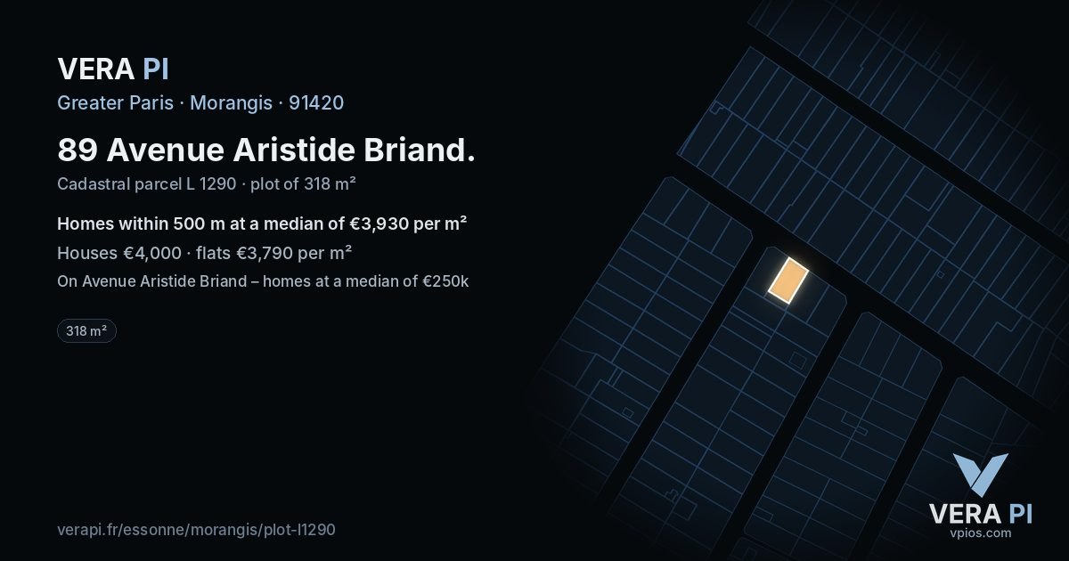 89 Avenue Aristide Briand, Morangis at night – the plot lit, the parcels around coloured by the prices near them