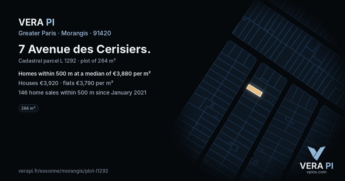 7 Avenue des Cerisiers, Morangis at night – the plot lit, the parcels around coloured by the prices near them