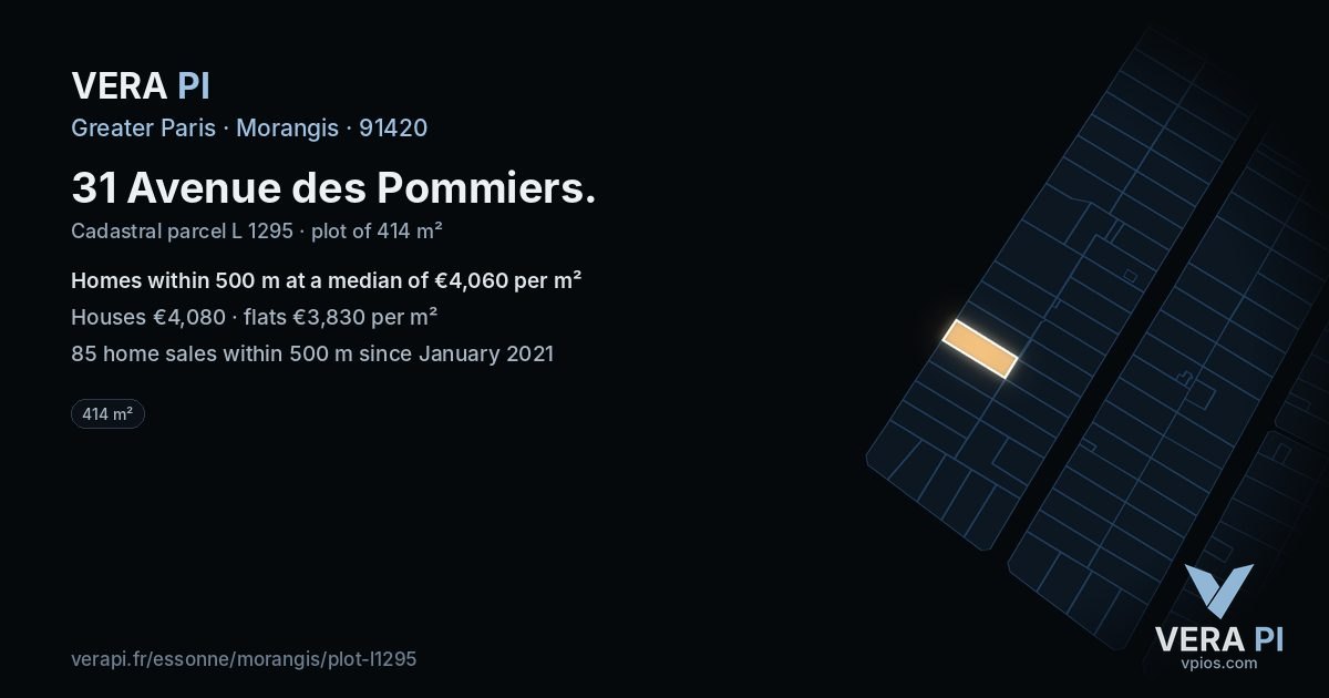 31 Avenue des Pommiers, Morangis at night – the plot lit, the parcels around coloured by the prices near them