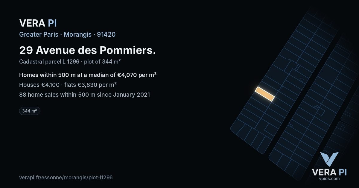 29 Avenue des Pommiers, Morangis at night – the plot lit, the parcels around coloured by the prices near them