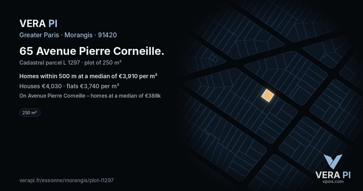 65 Avenue Pierre Corneille, Morangis at night – the plot lit, the parcels around coloured by the prices near them