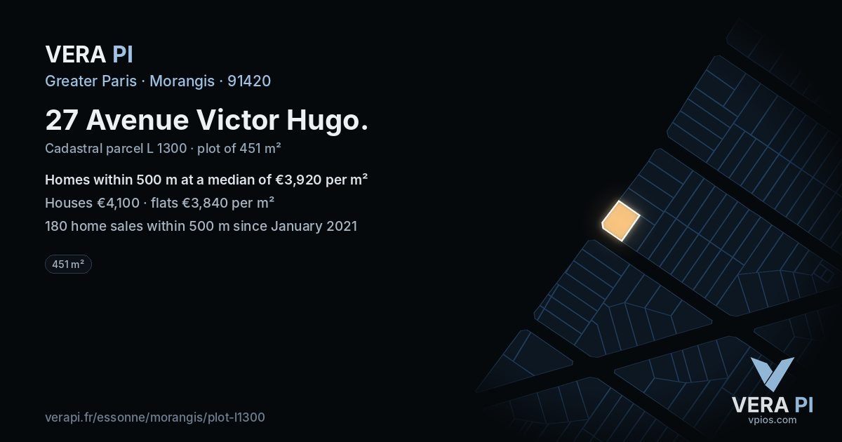 27 Avenue Victor Hugo, Morangis at night – the plot lit, the parcels around coloured by the prices near them