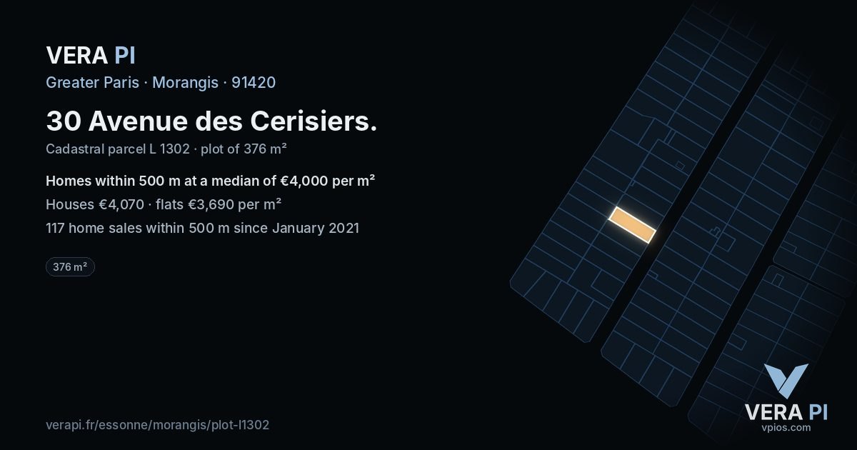 30 Avenue des Cerisiers, Morangis at night – the plot lit, the parcels around coloured by the prices near them