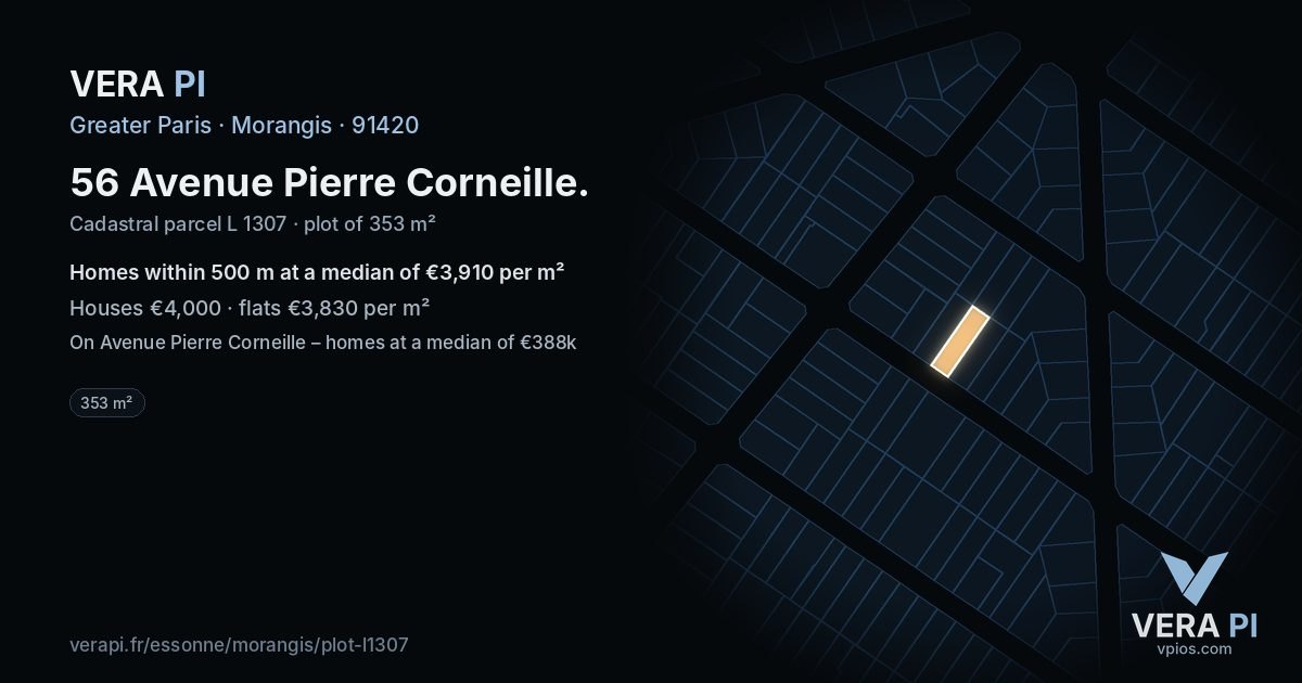 56 Avenue Pierre Corneille, Morangis at night – the plot lit, the parcels around coloured by the prices near them