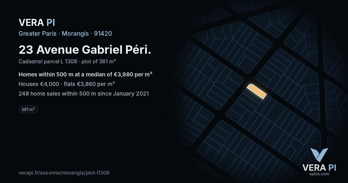 23 Avenue Gabriel Péri, Morangis at night – the plot lit, the parcels around coloured by the prices near them