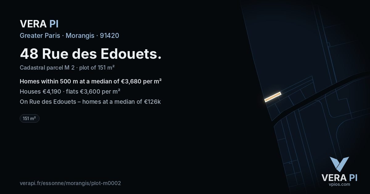 48 Rue des Edouets, Morangis at night – the plot lit, the parcels around coloured by the prices near them