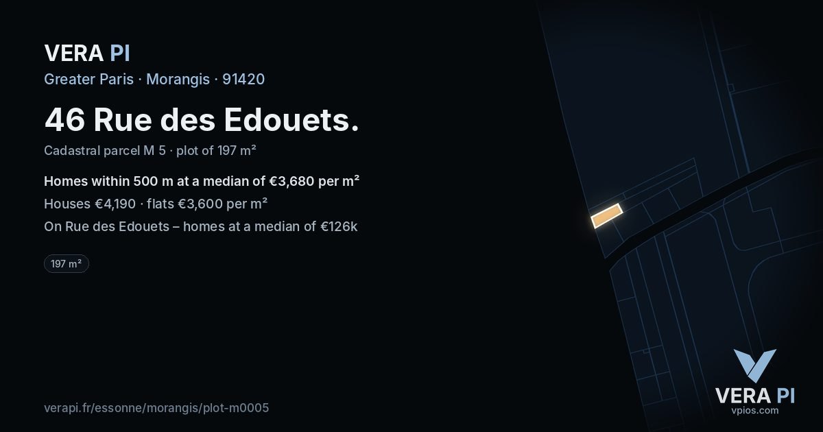 46 Rue des Edouets, Morangis at night – the plot lit, the parcels around coloured by the prices near them