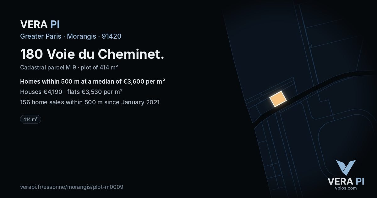180 Voie du Cheminet, Morangis at night – the plot lit, the parcels around coloured by the prices near them