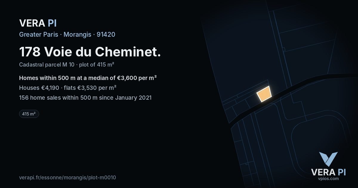 178 Voie du Cheminet, Morangis at night – the plot lit, the parcels around coloured by the prices near them