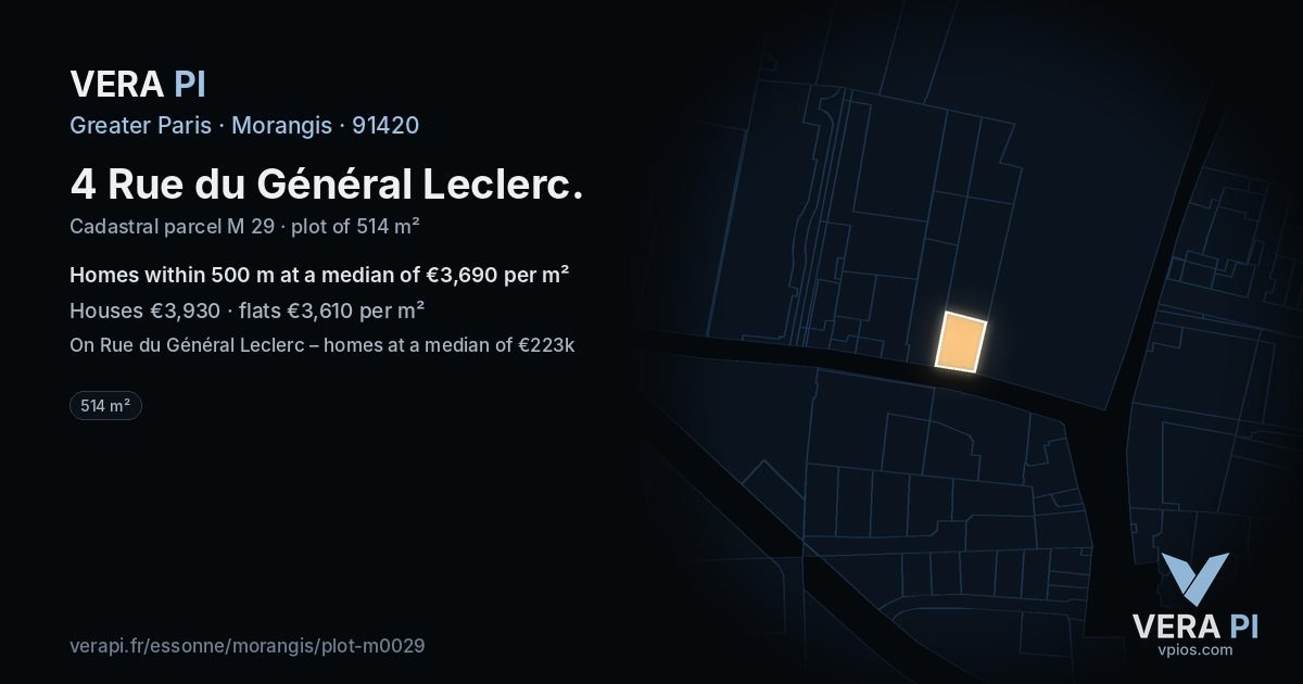4 Rue du Général Leclerc, Morangis at night – the plot lit, the parcels around coloured by the prices near them