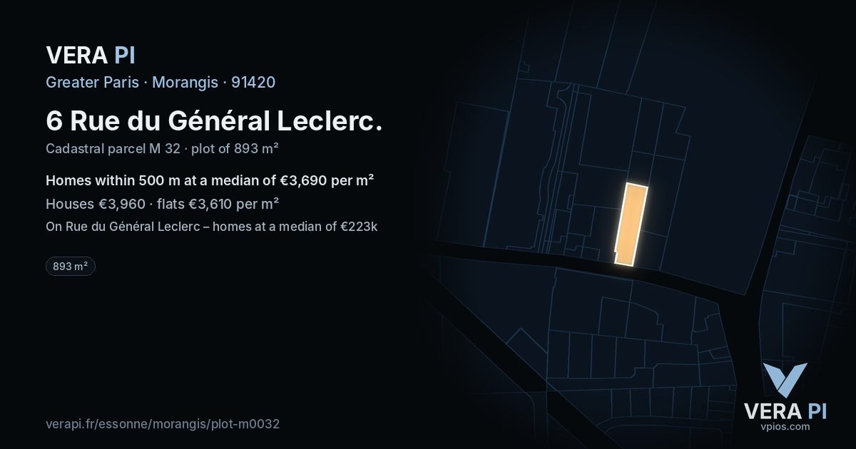 6 Rue du Général Leclerc, Morangis at night – the plot lit, the parcels around coloured by the prices near them