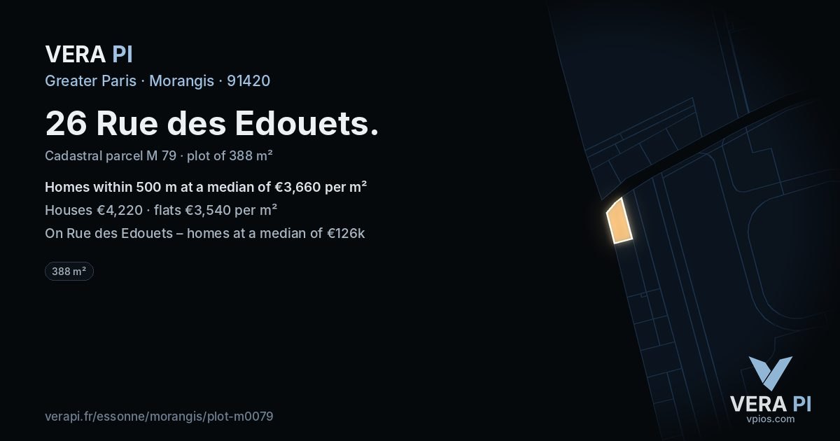 26 Rue des Edouets, Morangis at night – the plot lit, the parcels around coloured by the prices near them