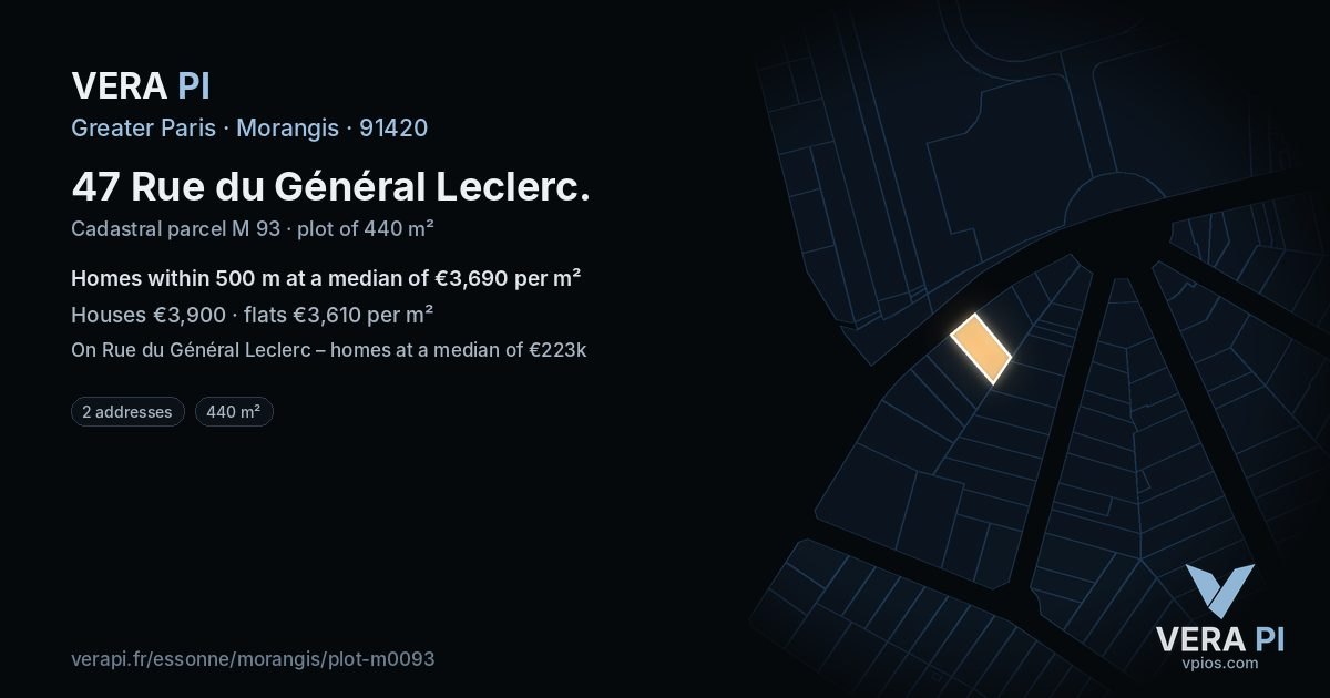 47 Rue du Général Leclerc, Morangis at night – the plot lit, the parcels around coloured by the prices near them