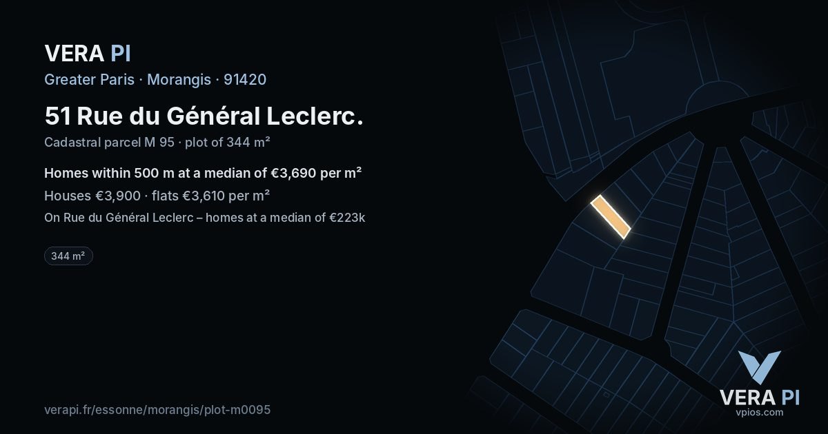 51 Rue du Général Leclerc, Morangis at night – the plot lit, the parcels around coloured by the prices near them
