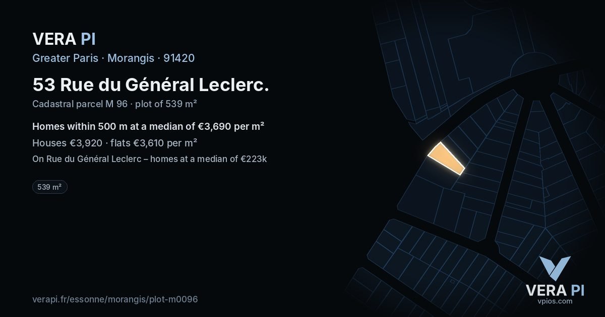 53 Rue du Général Leclerc, Morangis at night – the plot lit, the parcels around coloured by the prices near them