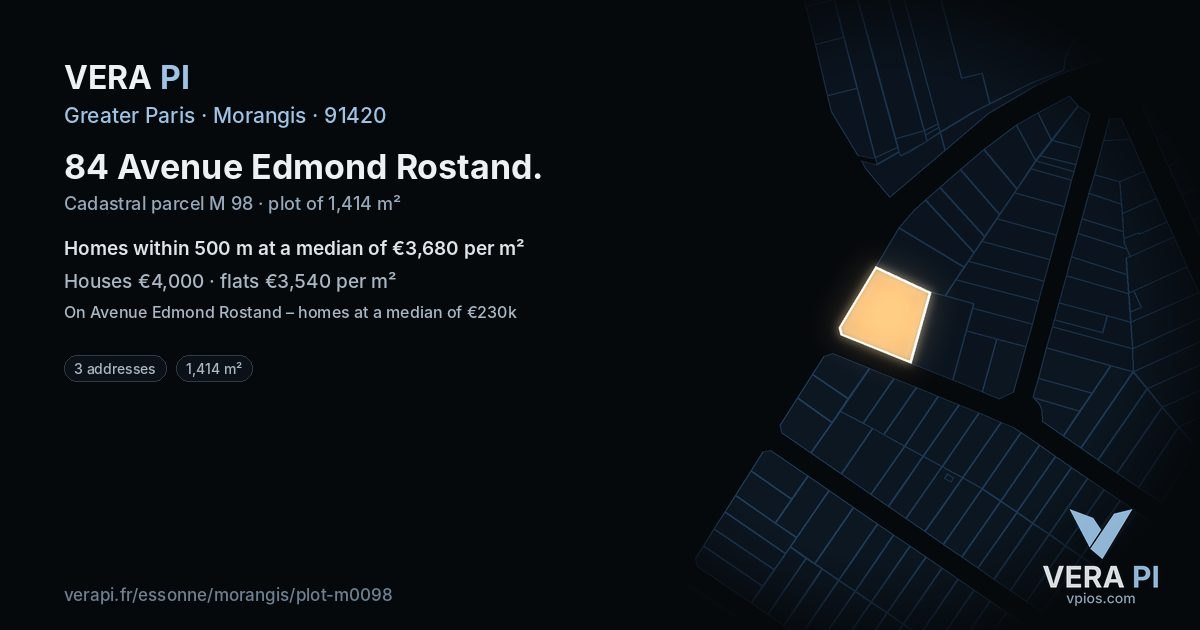 84 Avenue Edmond Rostand, Morangis at night – the plot lit, the parcels around coloured by the prices near them