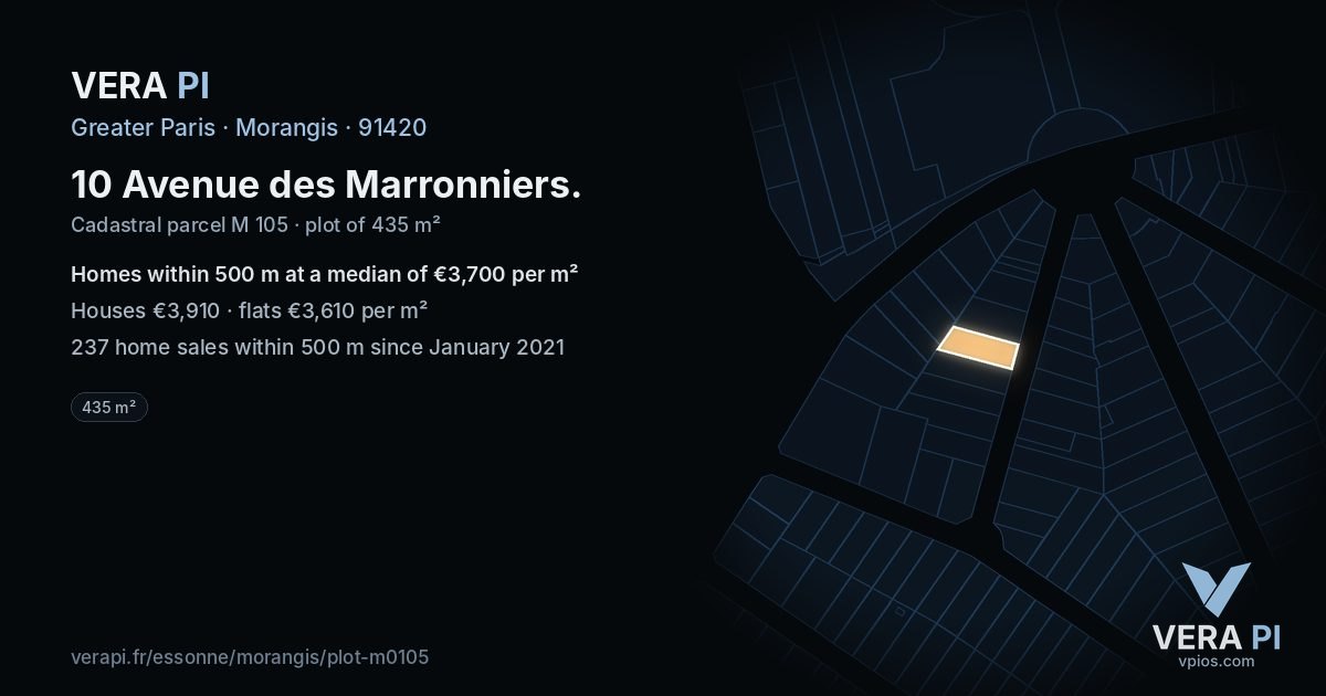 10 Avenue des Marronniers, Morangis at night – the plot lit, the parcels around coloured by the prices near them
