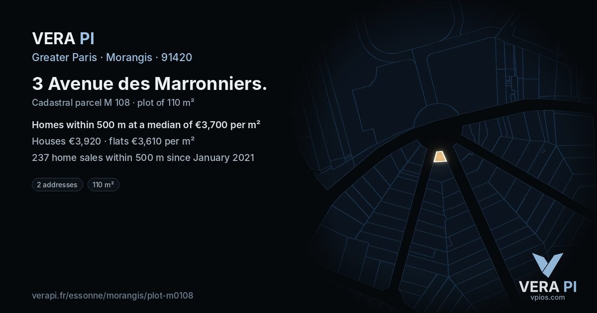 3 Avenue des Marronniers, Morangis at night – the plot lit, the parcels around coloured by the prices near them
