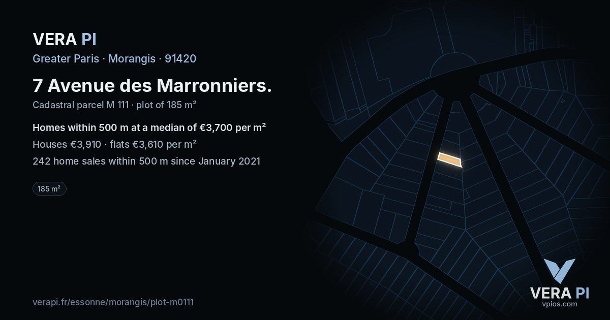 7 Avenue des Marronniers, Morangis at night – the plot lit, the parcels around coloured by the prices near them
