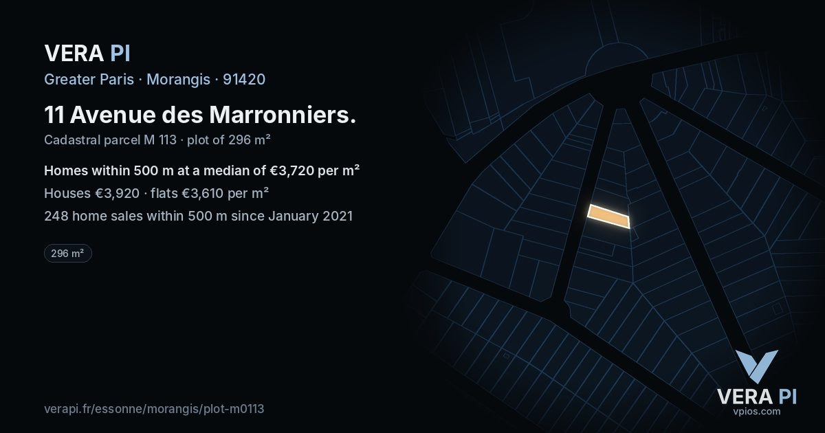 11 Avenue des Marronniers, Morangis at night – the plot lit, the parcels around coloured by the prices near them