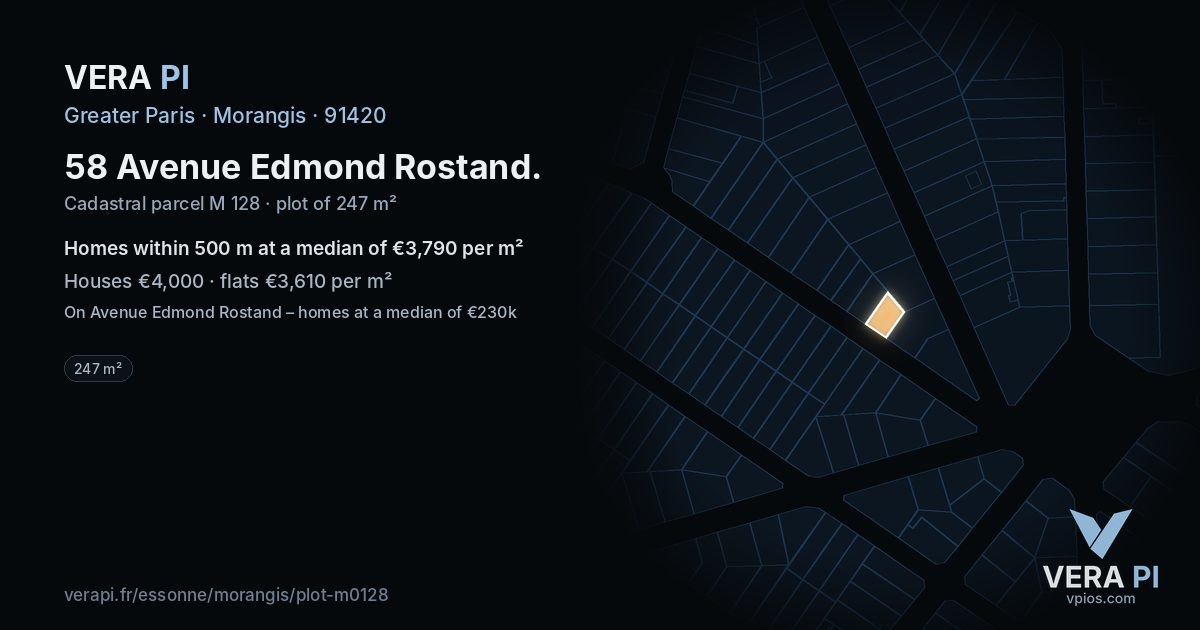 58 Avenue Edmond Rostand, Morangis at night – the plot lit, the parcels around coloured by the prices near them